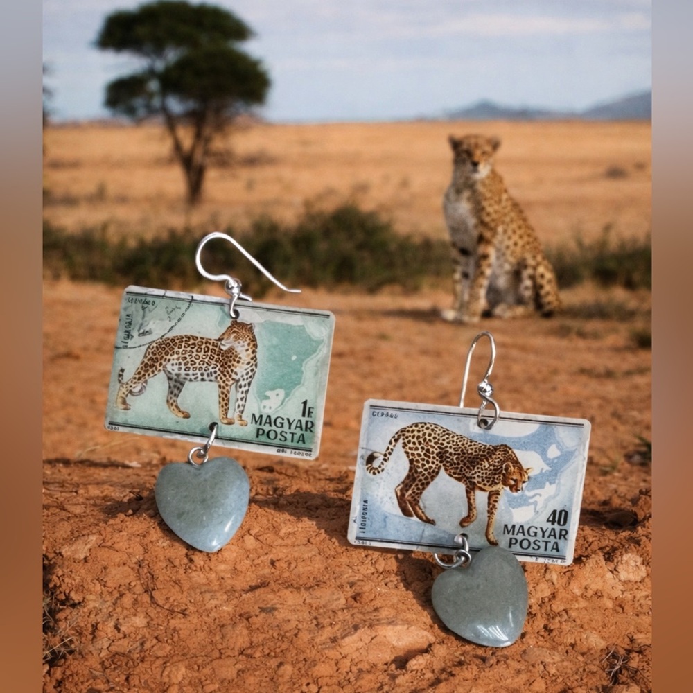 leopard Cheetah 1981 Hungary vintage stamps earrings sterling stone heart OOAK
